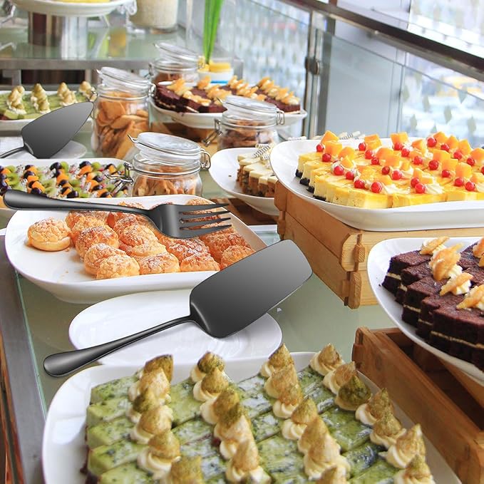 A · HOUSEWAR Black Flatware Serving Set 7 Piece Stainless Steel Catering Utensils include Soup Ladle Large Slotted Spoon Big Server Fork12” Cake Knife Pizza Spatula Parties Buffet