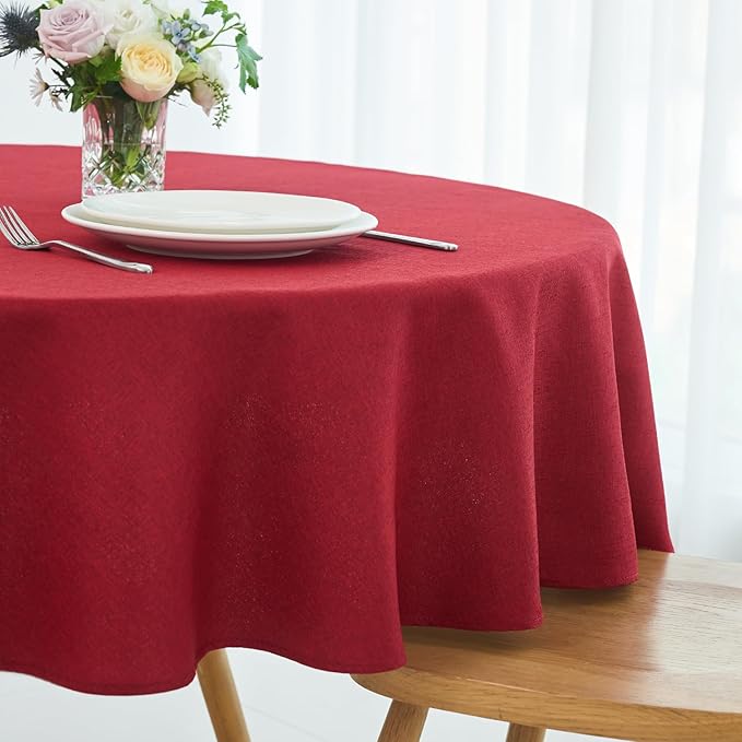maxmill Round Linen Textured Tablecloth Spill-Proof Wrinkle Free Washable Wipeable Table Cloth for Circular Table Cover, Dining Room Tablecloths Banquet Christmas Party Holiday Dinner, 70 Inch, Red