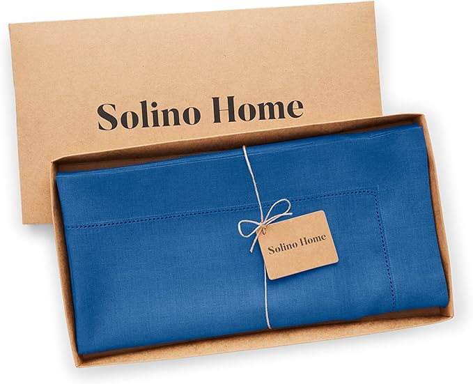 Solino Home Linen Square Tablecloth 52 x 52 Inch - 100% Pure Linen Indigo Blue Table Throw - Classic Hemstitch, Machine Washable Table Cloth for New Year