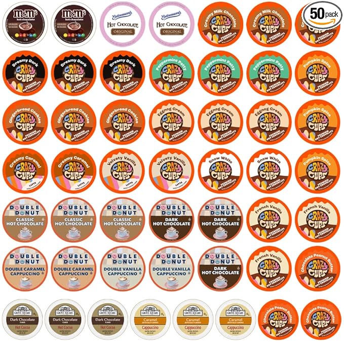 Crazy Cups Hot Chocolate and Cappuccino Single Serve Cups, Variety Pack Sampler For Keurig K Cup Brewers, includes Hot Cocoa from Grove Square and Crazy Cups, 50 Count
