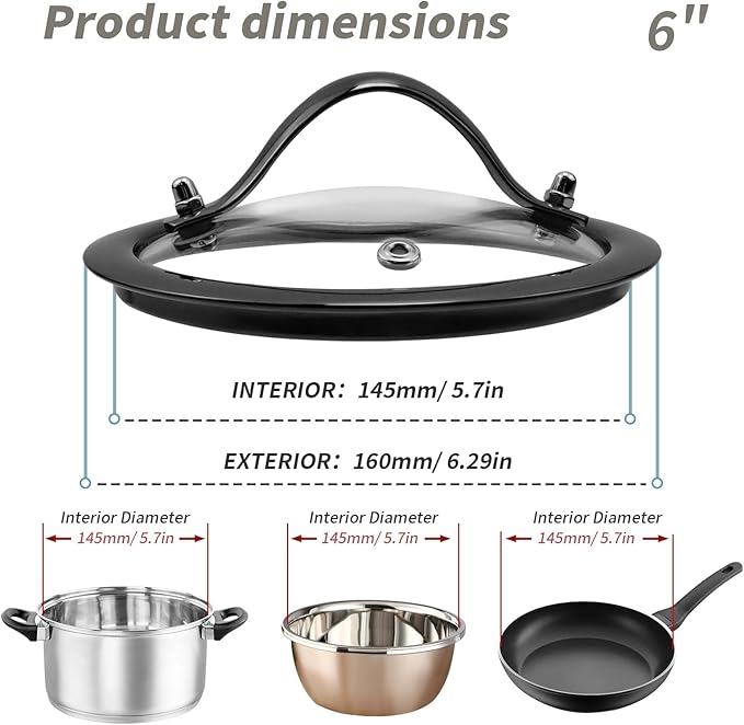 6" Tempered Glass Pan Lid with Steam Vent, Thickened to 4mm and Dishwasher Safe and Oven up to 480℉, Universal Lid Fit for Cast Iron Skillets, Frying Saute Pan, Cooking Pot