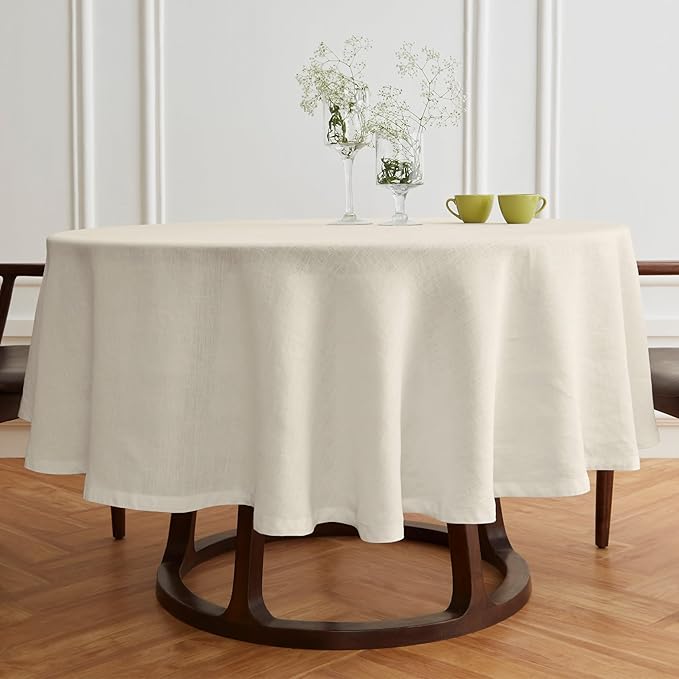Solino Home Linen 60 Inch Round Tablecloth - 100% Pure Linen Ivory Round Tablecloth - Machine Washable Table Cloth for Holiday, New Year - Sonoma