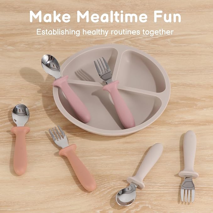 Toddler Spoons and Forks Set, 6 Pack Kids Silverware with Silicone Handle, BPA Free, 18/8 Stainless Steel Children Safe Toddler Utensils, Dishwasher Safe