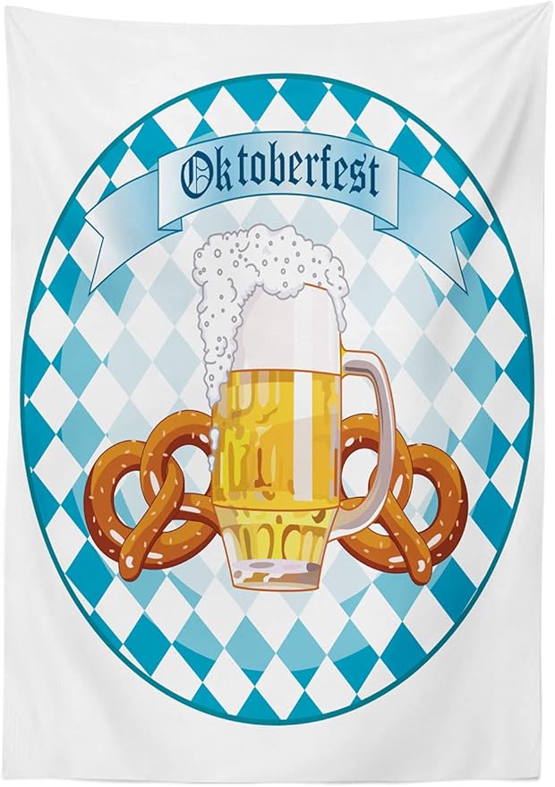 Ambesonne Oktoberfest Tablecloth, Round Oktoberfest Celebration Artwork Design with Beer Pretzels Print, Rectangular Table Cover for Dining Room Kitchen Decor, 60" X 84", Orange White