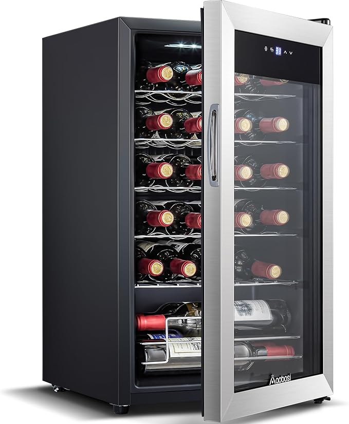 AAOBOSI 17 Inch Wine Cooler, 24 Bottles Wine Fridge, Wine Refrigerator Small with LED Display Light, Freestanding Wine Cellar with Low Noise Compressor, Adjustable Shelves