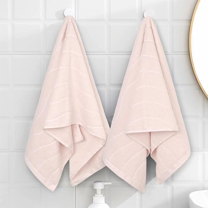 2-Piece Hand Towels for Bathroom with Wavy Striped Jacquard, Premium Quick Dry Spa Face Towels 13"x29", Blush Pink