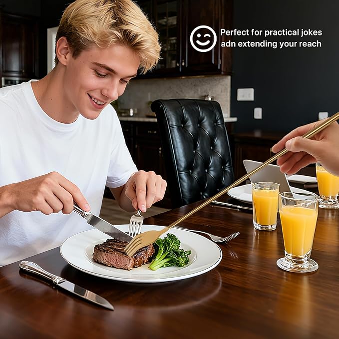 Extendable Fork, Expandable Fork for Prank/Jokes, Extended Extending Extend Extender Extension from 8.7" to 25.4" Extra Long, Stainless Steel Telescopic/Telescoping/Retractable Forks. Gold