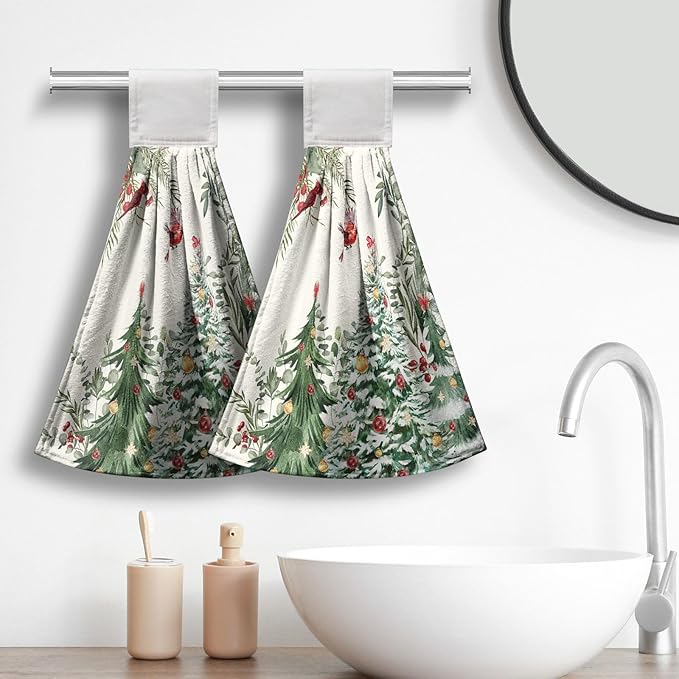 Winter Holly Green Hanging Kitchen Towels Xmas Tree Hand Tie Towel Cardinal Christmas Hanging Dish Towels Soft Absorbent Washcloth for Kitchen Bathroom Laundry