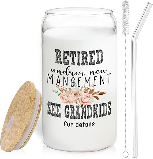 Grandma Retired Glass Cup with Lids and Straws 14oz, Best Retirement Gifts for Grandma, Mother's Day Gifts for Grandmother Glass Iced Coffee Tumbler Drinking Jars with Cleaning Brush
