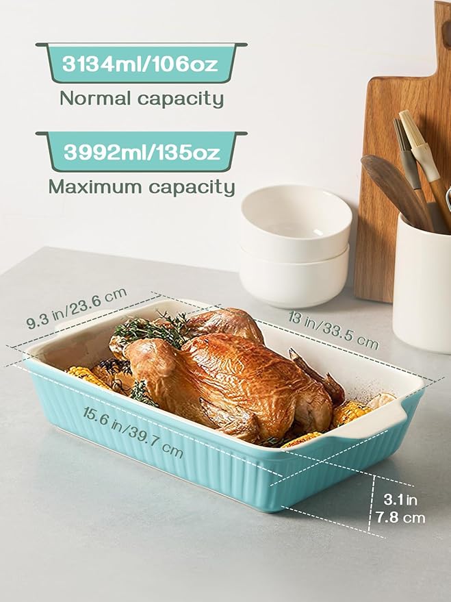 DOWAN 9x13-inch Baking Dish, Deep Casserole Dishes for Oven, Lasagna Pan Deep,135 oz Ceramic Baking Pan with Handles, Oven Safe for Baking, Home Decor Gift, Blue