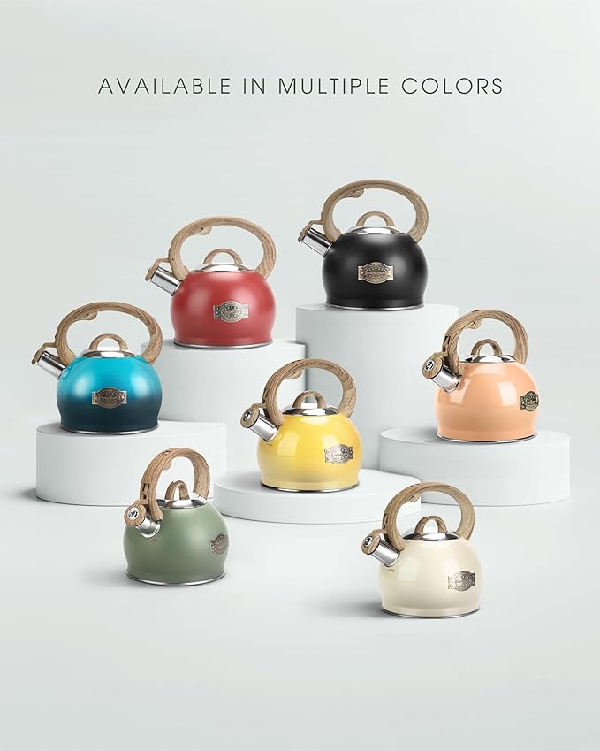 Tea Kettle Stovetop, 2.1 Quart Stove Top Whistling Tea Kettle, Teapot Kettles with Food Grade Stainless Steel and Wood Pattern Folding Handle, Suitable for All Heat Sources