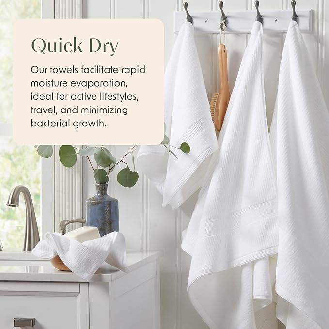 Springtree Home White Bath Towels Set of 4 | Ribbed Textured | 100% Combed Cotton | Absorbent Quick-Dry Towels for Bathroom | Oeko-TEX® Standard 100 Cotton | Mauro Collection - Bright White