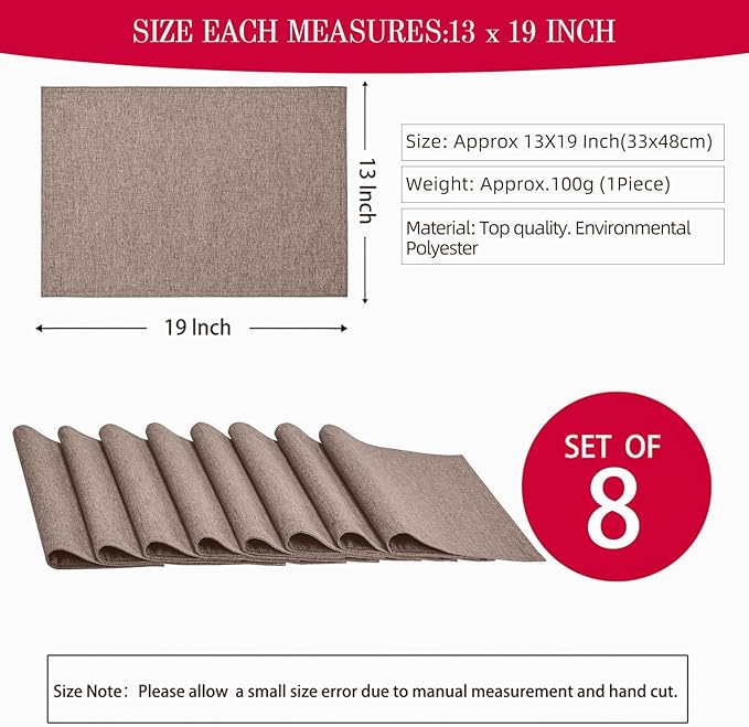 Cloth Place Mats Set of 8–Reusable Rectangular Waterproof Fabric Polyester Washable Wipeable Heat Resistant Linen for Kitchen Dining Dinner Restaurant Wedding Table(Mocha/13x19 Inch)
