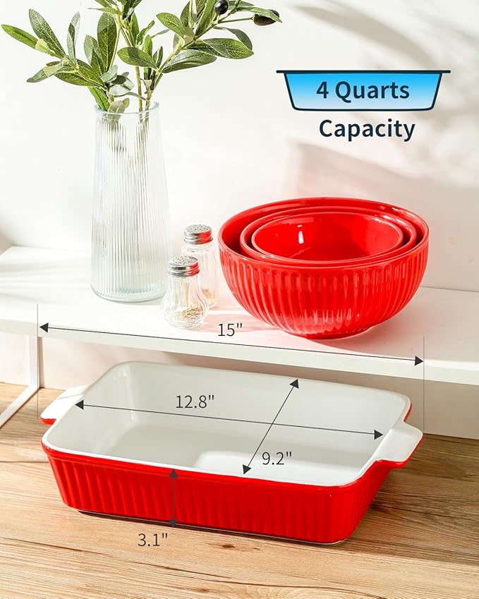 Hasense Ceramic Baking Dishes, Casserole Dishes for Oven, Rectangular Lasagna Pans Deep, 9 x 13 Inches Baking Pan with Handle, Easy to Clean, Mother's Day & Christmas Gift, Red
