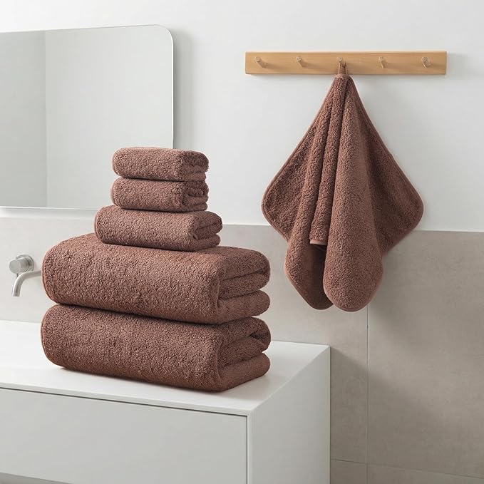 REDKISS 6-Piece Bath Towel Set, Ultra-Plush & Highly Absorbent 100% Cotton Towels for Bathroom, Browe Set Includes 2 Bath Towels, 2 Hand Towels, 2 Washcloths