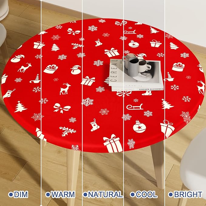 Round Spandex Christmas Tablecloth, Elastic Fitted Waterproof Tablecloths for 36"-44" Tables, Stretch Washable Picnic Table Cover for Christmas Dinner, Box Snowflake