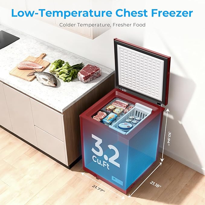 Antarctic Star Chest Freezer 3.2 Cubic Feet 14℉ to -40℉ Low Temperature Freezer with Removable Basket, Free Standing Top open Door Deep Freezer, Adjustable Temperature for Home, Basement, Kitchen, Red