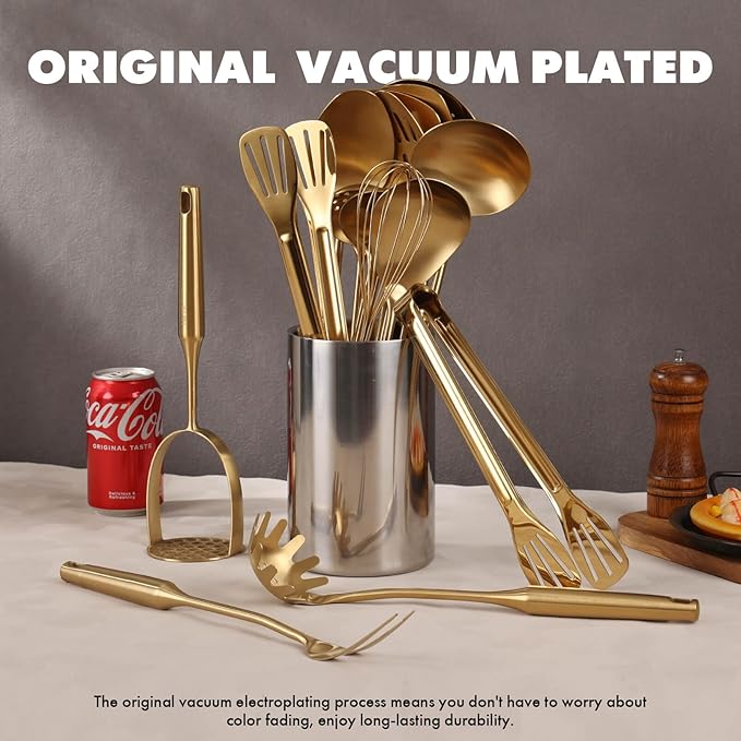Gold Cooking Utensils Set - 18/10 Stainless Steel Small and Large Spoons Set, 16 PCS All Metal Kitchen Tools, Serving Utensils - Whisk, Masher, Fork, Tongs, Spatula, Turner, Ladle, Skimmer, Pasta