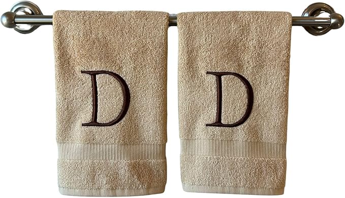 Beige Initial Hand Towel for Bathroom - Monogrammed Luxury Hotel Quality Decorative Embroidered Towel for Powder Room, Spa - GOTS Organic Certified - Set of 2 Brown Letter D