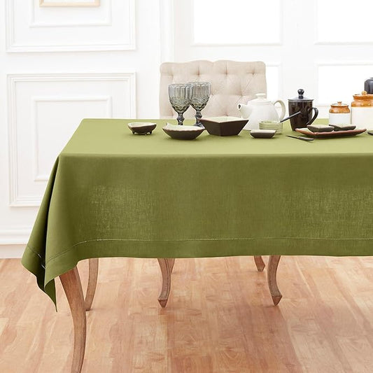 Solino Home Linen Avocado Green Tablecloth 60 x 120 Inch - Classic Hemstitch, 100% Pure Linen Rectangular Tablecloth - Machine Washable Table Cloth for Winter
