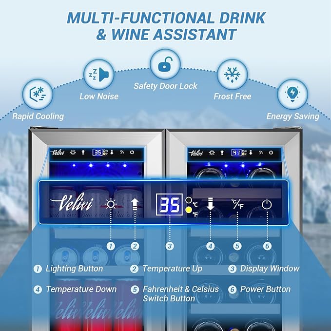 24 Inch Beverage Refrigerator Undercounter, Dual Zone Wine and Beverage Cooler, Large Capacity for Beer Wine Drink with Built-In Warm Light, Ideal for Home Kitchen Bar Office