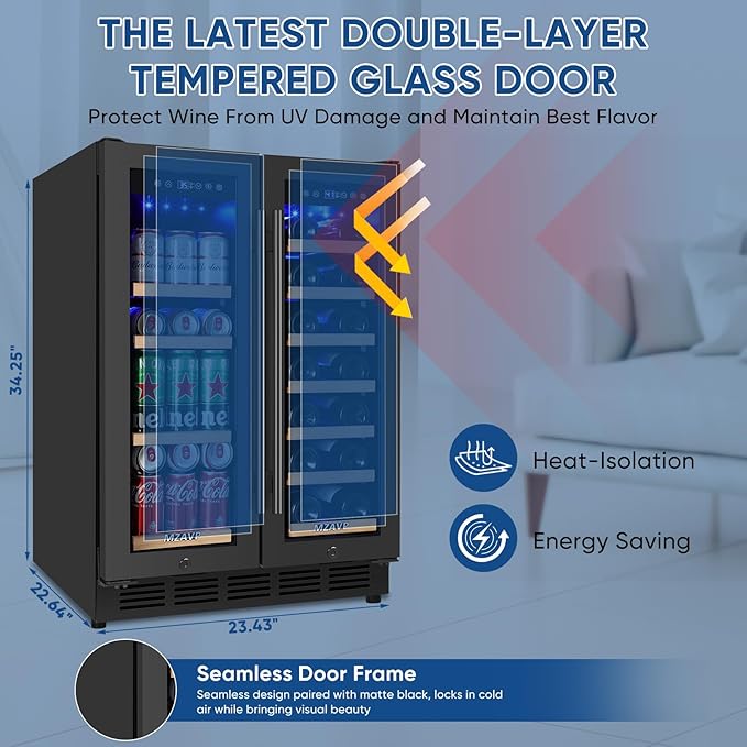 Wine and Beverage Refrigerator 24", Upgraded Dual Zone Wine Beverage Cooler with Glass Door and French Door, Large Capacity Beer Fridge Holds 21 Bottles & 88 Cans, Built-In or Freestanding - Black