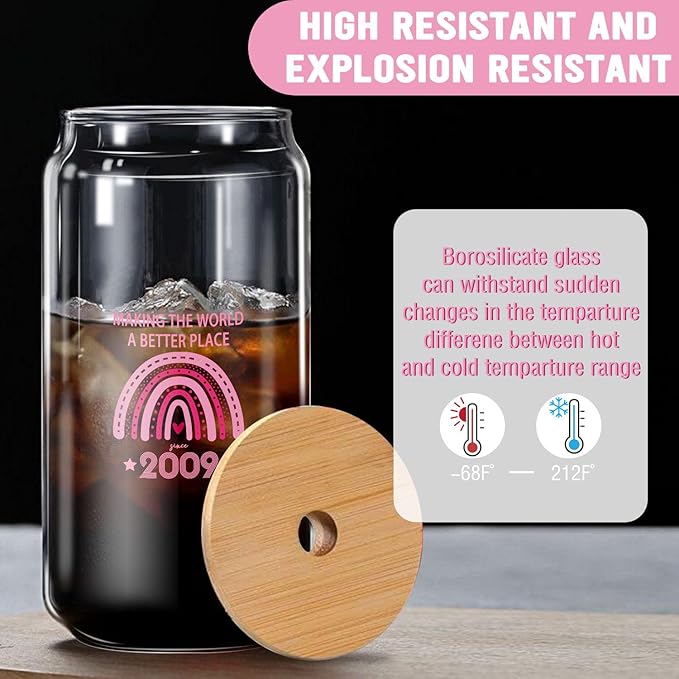 Sweet 16 Gifts for Girls,Making the World better since 2009 Glass,Cute Pink Glass Cup, 16th Year Old Girl Birthday Party Decoration Gifts, Girls Birthday Cup Decoration Present for Her-16 oz