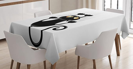 Ambesonne Funny Tablecloth, Naughty Cat Scratching The Wall with His Paws Grumpy Feline Humorous Kitten Graphic, Dining Room Kitchen Rectangular Table Cover, 52" X 70", Black White