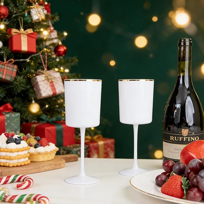 Ciaell 12 Pack White Plastic Wine Glasses with Stem - 10 Oz White and Gold Disposable Wine Glasses for Parties & Christmas & Weddings & Poolside & Toasting & Outdoors & New Year