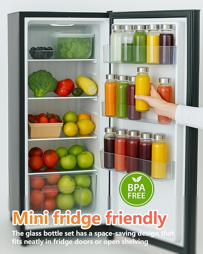 Zukro Glass Water Bottles with Lids 10.5 oz, 12 Pack Clear Reusable Glass Small Juice Bottles With Stainless Steel Cap for Juicing, Milk, Ginger Shot, BPA-Free Leak Proof 300ml Drinking Container Jar