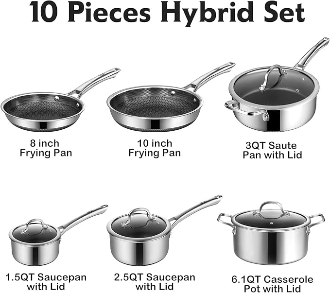 Pots and Pans Set Non Stick, 10 Pcs Hybrid Stainless Steel Cookware Sets, Non Stick Frying Pans, Saucepans, Saute Pan & Stock Pot, PFOA Free Kitchen Skillet,Induction Compatible