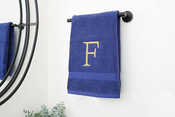 Navy Monogrammed Hand Towel for Bathroom - Initial Hotel Quality Decorative Embroidered Luxury Towel for Powder Room, Spa - GOTS Organic Certified - Pack of 2, Letter F