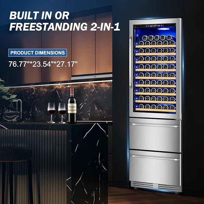 24 Inch Wide Wine and Beverage Refrigerator With Dual Drawer, 2 IN 1 Dual Zone Wine Cooler, Built-In or Freestanding Beverage Fridge, for Home Bar Kitchen, Hold Up To 107 Bottles and 149Cans