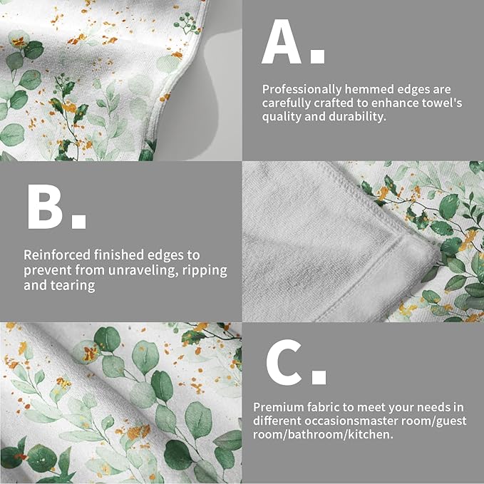 Imiss Green Eucalyptus Hand Towels Set of 2 Watercolor Botanical Leaves Washcloth Spring Summer Decorative Kitchen Bathroom Towel 14.4"x28.3" Multipurpose Bath Guest Towels for Gym,Spa,Hotel