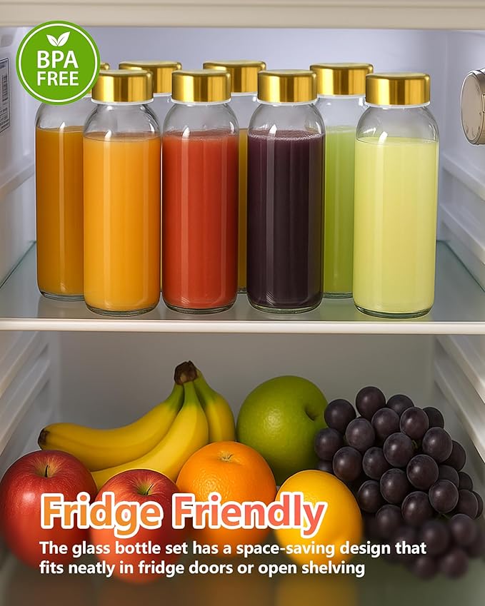 Zukro Glass Water Bottles with Gold Lids 10.5 oz, 8 Pack Clear Reusable Glass Small Juice Bottles for Juicing, Milk, Ginger Shot, Stainless Steel Cap, BPA-Free Leak Proof 300ml Drinking Container Jar