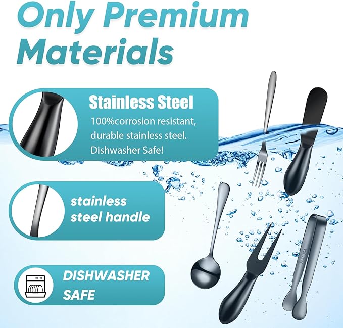 Patelai Charcuterie Board Accessories Cheese Spreader Knife Set Charcuterie Utensils Butter Knife Stainless Steel Mini Serving Tongs Spoons Appetizer Forks for Pastry Christmas(Black,20 Pieces)