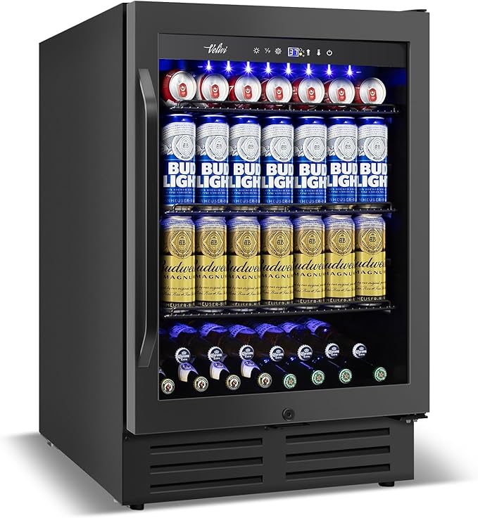 24 Inch Beverage Refrigerator Under Counter, 24" Space Built-In Beer and Drink Fridge with Glass Door for Soda, Water, and Milk - For Kitchen, Bar or Office