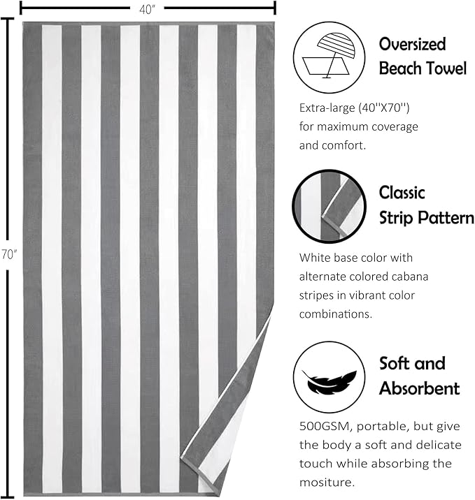 Large Beach Towel Oversized - 40"X70" Big Mens Beach Towesl, Extra Large Thick Gray Beach Towels, XL Wide Fluffy Swimming Towel Oversize, Giant Stripe Cotton Pool Towel for Adults
