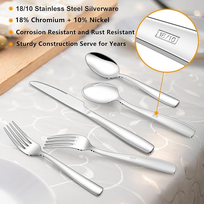 LIANYU 72-Piece Silverware Set of 12 with Steak Knives and Drawer Organizer, 18/10 Stainless Steel Anti Rust Flatware Cutlery Sets, Service Eating Utensils for Home Wedding, Mirror Polished