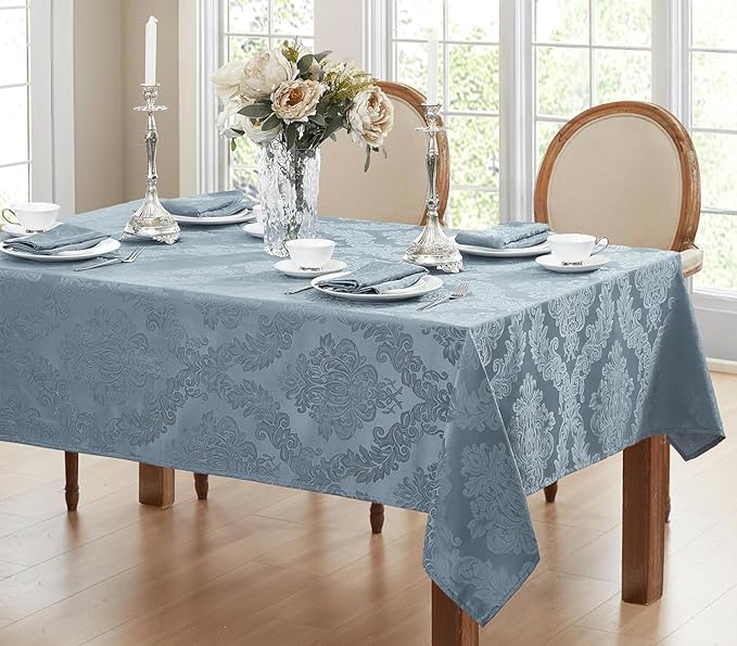 Newbridge Christmas Barcelona Damask Fabric Tablecloth, 52 x 52 Inch Square, Blue – No Iron, Soil Resistant Table Cover for Dining, Parties and Holidays