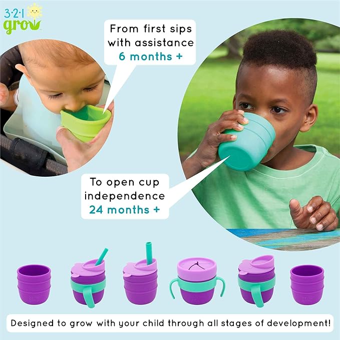 Easy Learn Drink and Snack Set – Baby + Toddler Silicone Learning Cup & Snack Set, Training Cup for Straw and Open Cup Independence – Dishwasher Safe (Plum)