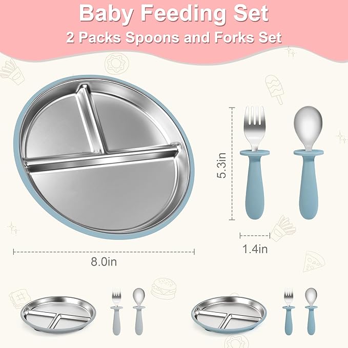Bella's Friends Baby Feeding Set, 2 Pack Stainless Steel Divided Plate with Silicone Suction, 2 Set Spoons and Forks, BPA Free, Dishwasher Safe, Baby Led Weaning Supplies, Toddler Utensils, gray blue