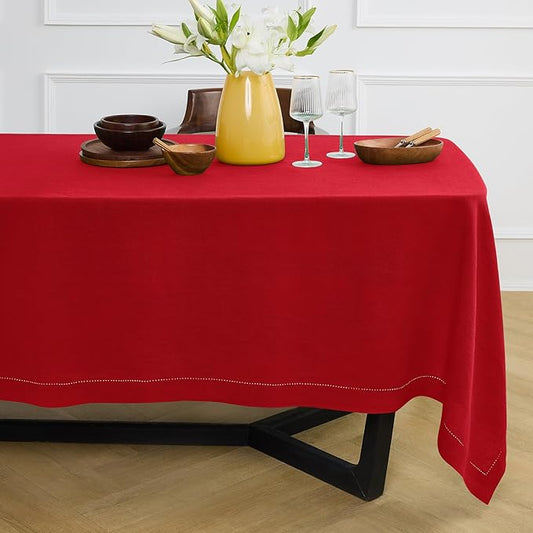 Solino Home Linen Red Tablecloth 70 x 108 Inch - Sonoma Hemstitch, 100% Pure Linen Rectangular Tablecloth - Machine Washable Table Cloth for Valentines, Holiday, Winter, New Year