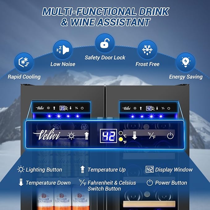 Wine and Beverage Refrigerator Black, 24 Inch Beverage Cooler Under Counter Dual Zone with Glass Door&Lock, 18 Bottles and 68 Cans Large Capacity for Beer Soda Drink, Built-In or Freestanding Fridge