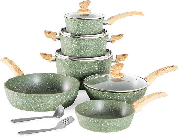 Kitchen Academy Non Toxic Pots and Pans Set Non Stick - 12 Piece Induction Cookware Sets, Green Granite Nonstick Cooking Pot and Pan Set, PFOA&PFOS Free