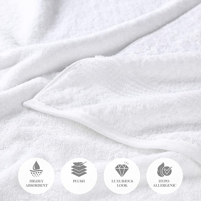 Superior Egyptian Cotton Bath Towel Set, Home Bathroom Towels, Master, Guest Bath, Decor Essentials, Quick Dry, Absorbent, Large Body Towels, Spa, Hotel, Resort, Adult, Kids, Set of 2, White