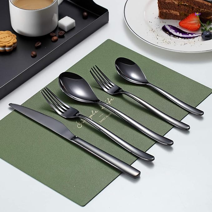 Stainless Steel Black Flatware Set - 20 Piece Service for 4, Titanium Plated Cutlery with Shiny Black Finish