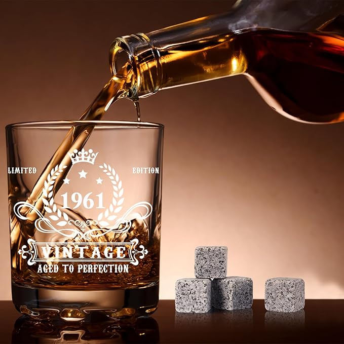 YeohJoy 65th Birthday Gifts for Men,Vintage 1961 Whiskey Glass Set,Wood Box & Whiskey Stones & 1961 Poster Anniversary Card & Coaster,Birthday Gifts Ideas for Him,Husband,Dad