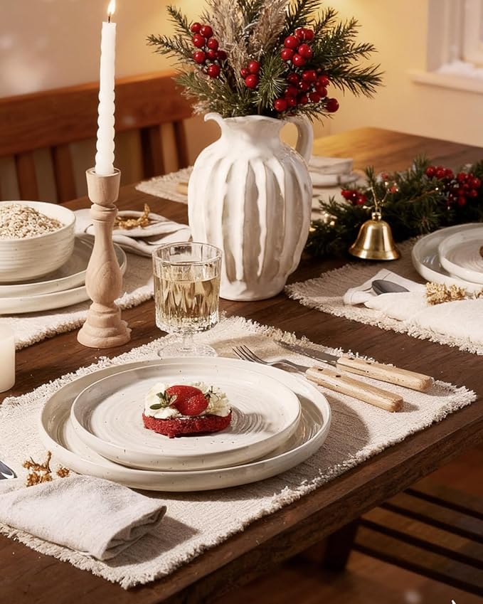 Stoneware Dinnerware Sets, Plate and Bowl Sets for 4, 12 Pieces Spiral Flared Dishware Set with Speckles & Reactive Glaze - Microwave and Dishwasher Safe Tableware, Shell Beige