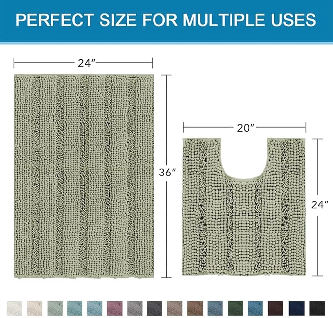 H.VERSAILTEX Bathroom Rug Sets 2 Piece Bath Mats Non Slip Thick Soft Chenille Striped Bath Rug achine Washable Shower Floor Rugs for Tub, Shower and Floor (Eucalyptus Green, 36"x24" Plus 20"x24" U)